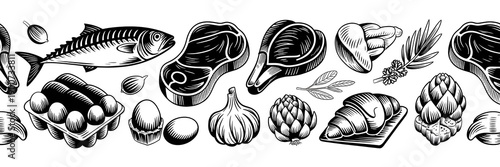 A black and white illustration of various food items on a table