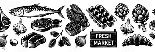 A black and white illustration of various fresh market food items