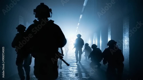 Soldiers in formation moving through a dark tunnel with blue light.