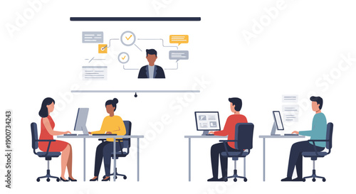 Illustration of a business training session with people working on computers and a presentation