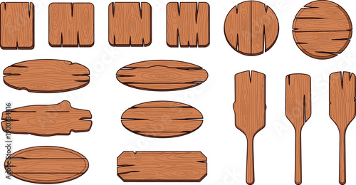 Rustic wooden boards, planks and paddles vector set in various shapes for natural craft design