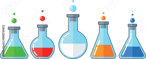 Scientific laboratory glassware vector set with colorful chemistry liquid in beakers and flasks for education research design.
