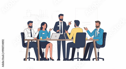 Illustration of a business team having a meeting around a table in an office setting