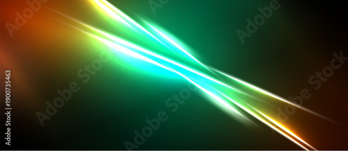 Abstract energy flows, vibrant colors blend. Green, orange, cyan streaks create dynamic visual impact. Dark background emphasizes luminosity.