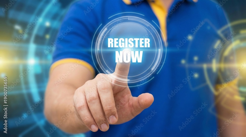 Fototapeta premium Virtual register now button pressed by finger, blurred technology background