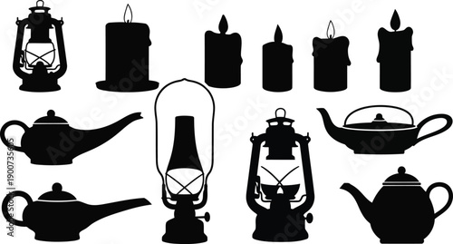 Set of candle and traditional lamp silhouettes for festive and vintage decorative design