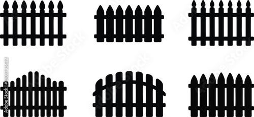 Six different black picket fence silhouettes are neatly arranged on a clean white background