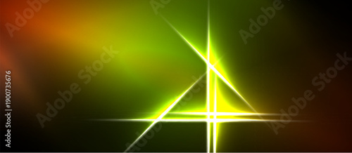 Bright neon lines form triangle, radiating from central point. Gradient background transitions from red to green. Dark borders surround image.