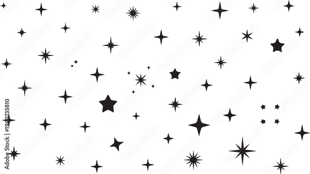 Fototapeta premium A Diverse Collection of Black Sparkling Star Icons and Twinkling Night Sky Symbols for Creative Graphic Design Projects