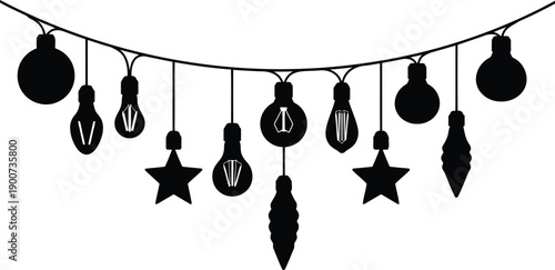 Black silhouette string lights with bulbs stars and shapes on a white background for decoration