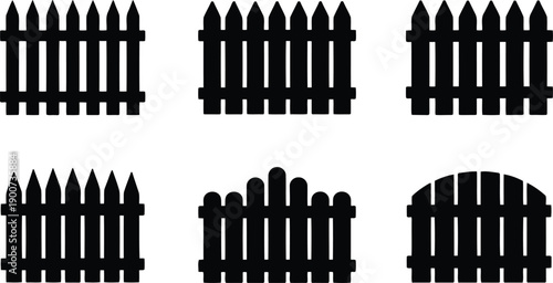 Six varied black fence silhouettes presenting different picket shapes and sizes against a bright white backdrop