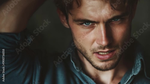 Intense portrait of man with shirt hiding his face in a dimly lit environment showcasing deep emotions and thoughtful expression during a reflective moment