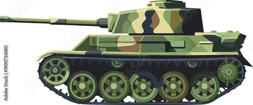 Military tank side view armored vehicle camouflage flat vector illustration isolated