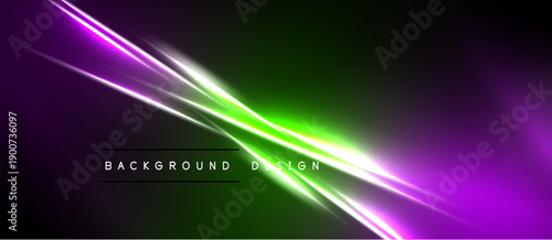 Abstract neon lines intersect dark background. Vibrant purple, green hues create dynamic visual effect. Modern design element.