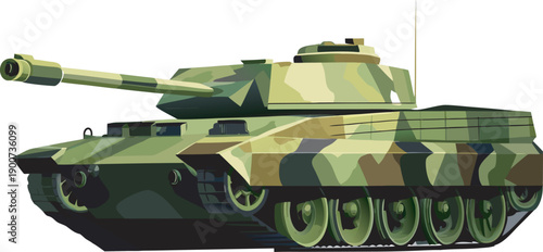 Modern camouflage battle tank three quarter view armored military vehicle vector illustration isolated