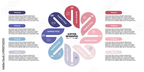 Vector infographic round circle for business presentation, banner, web, UI UX, poster business illustration with icon. Infographic 8 steps option. Editable vector