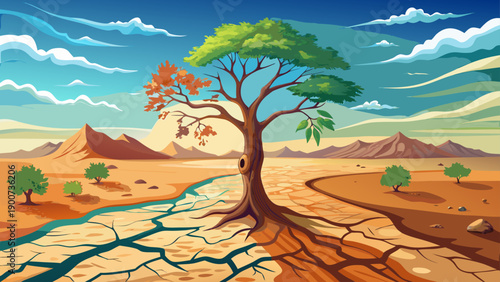Very beautiful aerial view of a half-alive tree standing across arid soils, symbolizing climate change impact, environmental stress, and nature’s struggle for survival.