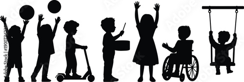 Children playing activities joy fun childhood silhouette set inclusive kids isolated white background flat vector illustration lifestyle diversity