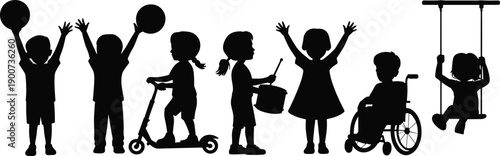 Children playing activities joy fun childhood silhouette set isolated white background flat vector illustration inclusive lifestyle diversity outdoor kids collection