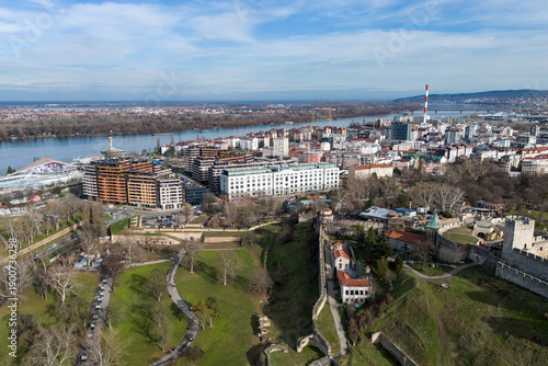 Belgrade cityscape panorama showcasing Kalemegdan fortress, Dorcol and Danube river