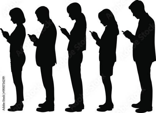 People using smartphones standing line mobile phone addiction communication technology silhouette isolated white background flat vector illustration social media concept
