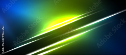 Abstract vibrant lines, blue, green, yellow hues. Bright energy radiates from central glow. Dark background contrasts vivid colors.