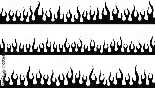 Three rows of stylized black flames creating decorative border elements on a pristine white surface