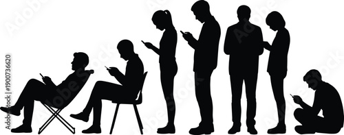 People using smartphone silhouette group standing sitting scrolling mobile technology addiction concept, flat vector illustration isolated on white background