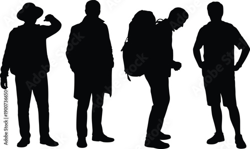 Male traveler silhouette collection standing poses with backpack hat casual clothing, flat vector illustration isolated on white background