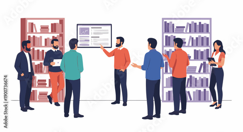 Group of professionals in a library discussing data on a screen in a business meeting