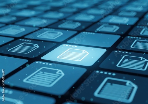 Selected Digital Document Icon Glowing on Blue Data Grid for File Management