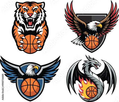 Ultimate Basketball Sports Mascot Logo Set: Fierce Tiger, Powerful Eagle, and Fire Dragon Team Emblem Collection Vector