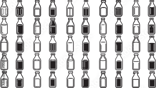 Many different milk bottles with varied liquid content levels illustration