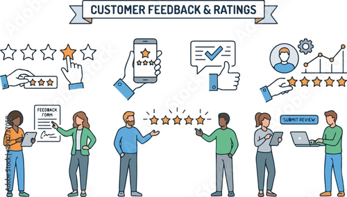 **Professional Collection of Customer Feedback and Star Ratings Icons Illustrating User Experience and Consumer Satisfaction Reviews**