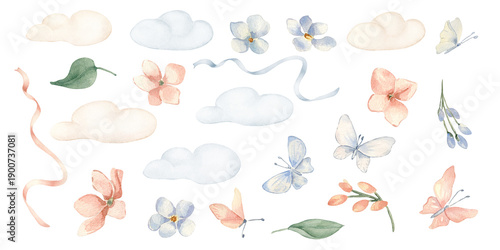 Botanical clipart with butterflies pastel watercolor illustration isolated white. Hand painted set of soft clouds, peach and blue flowers and satin ribbons. Elements for baby textile and stationery.