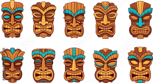 Set of carved wooden tiki mask faces with colorful tribal details, Polynesian totem collection, flat vector illustration