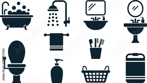 Various black silhouette icons representing common bathroom elements and personal cleanliness products