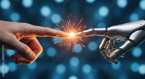 Human hand and robotic arm nearly touching with sparks between fingertips