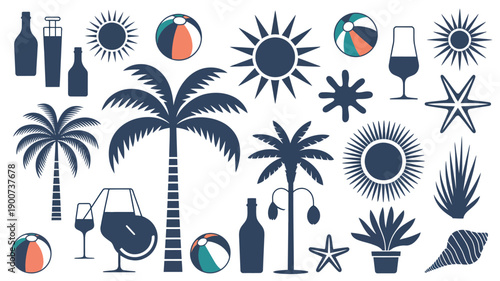 Tropical summer and beach themed silhouette icons, showcasing sun, palm trees, waves, fruits, and leisure graphics perfect for travel, holiday, and vacation projects.