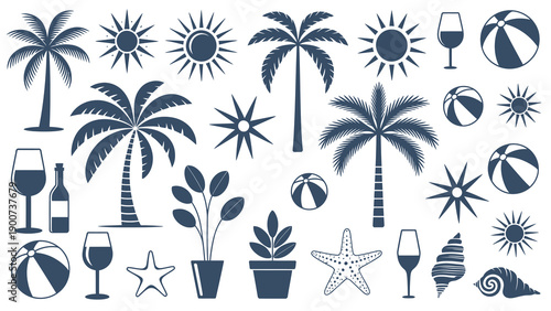 Tropical summer and beach themed silhouette icons, featuring sun, palm trees, waves, fruits, and leisure elements for vacation, travel, and holiday designs.