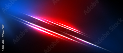 Abstract background features vibrant red, blue light streaks. Diagonal lines create dynamic visual effect. Dark areas contrast bright illumination.
