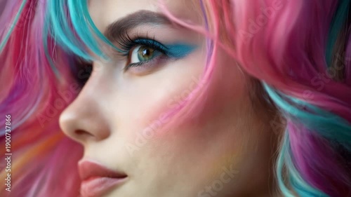 Beautiful woman with multicolored hair and creative makeup showcasing vibrant colors in an artistic portrait during a sunny afternoon outdoors
