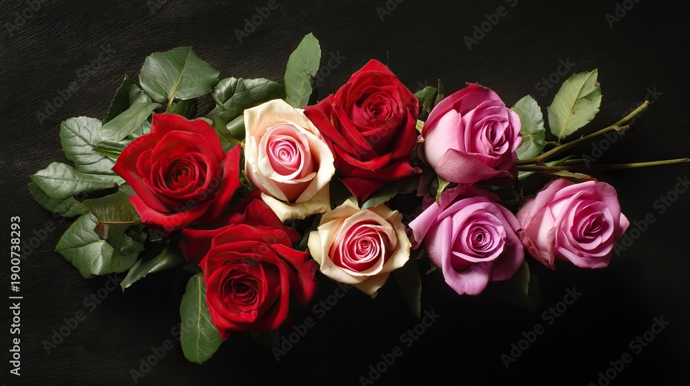 Obraz premium Close-up bouquet of red and pink roses with fresh green leaves on dark background, romantic valentine's day theme with high resolution sharp detail and premium quality