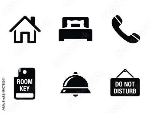Collection of Minimalist Hotel and Hospitality Icons Featuring House Bed Telephone Room Key Reception Bell and Do Not Disturb Sign for Service Industry Vector Illustration