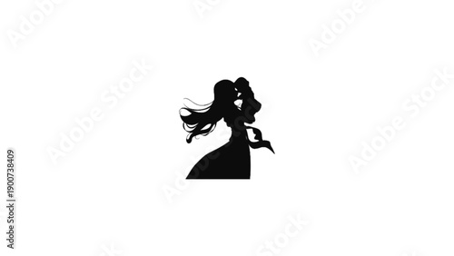 A beautiful black silhouette of a mother with long flowing hair tenderly lifting her baby in the air