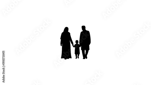 A clean silhouette of a nuclear family consisting of a father, mother, and a small child holding hands, representing unity, protection, and family bonds.