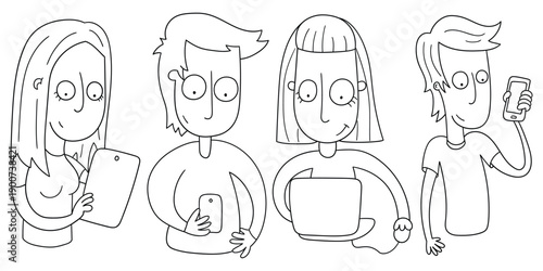 Hand-drawn doodle set of people with gadgets on a white background.
