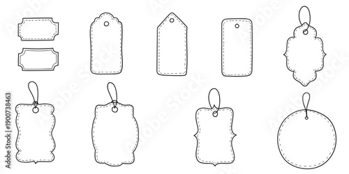 Hand-drawn doodle set of price tags on a white background.