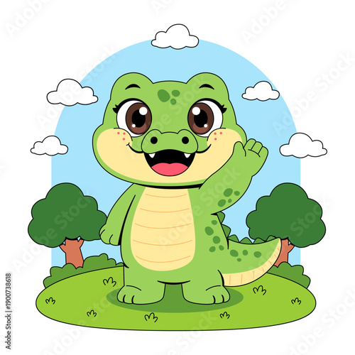 Cute Waving Baby Crocodile Cartoon