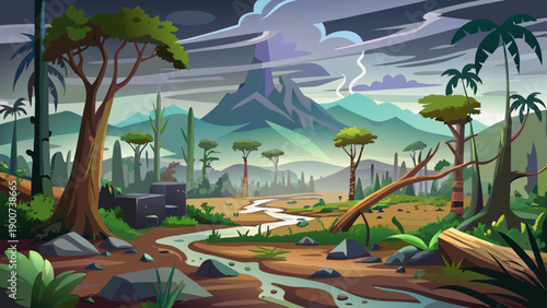 Very beautiful yet dramatic landscape of Amazon rainforest deforestation under a gray sky, highlighting environmental destruction, habitat loss, and urgent conservation needs.